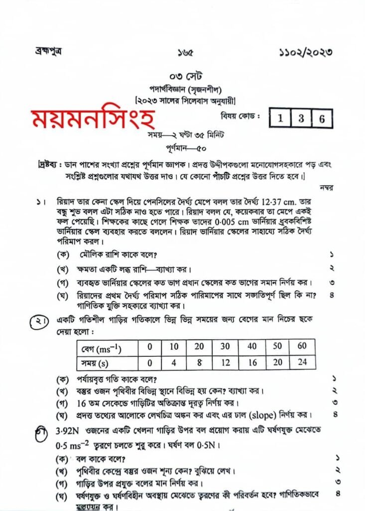 SSC Physics Question 2023 Mymensingh Board