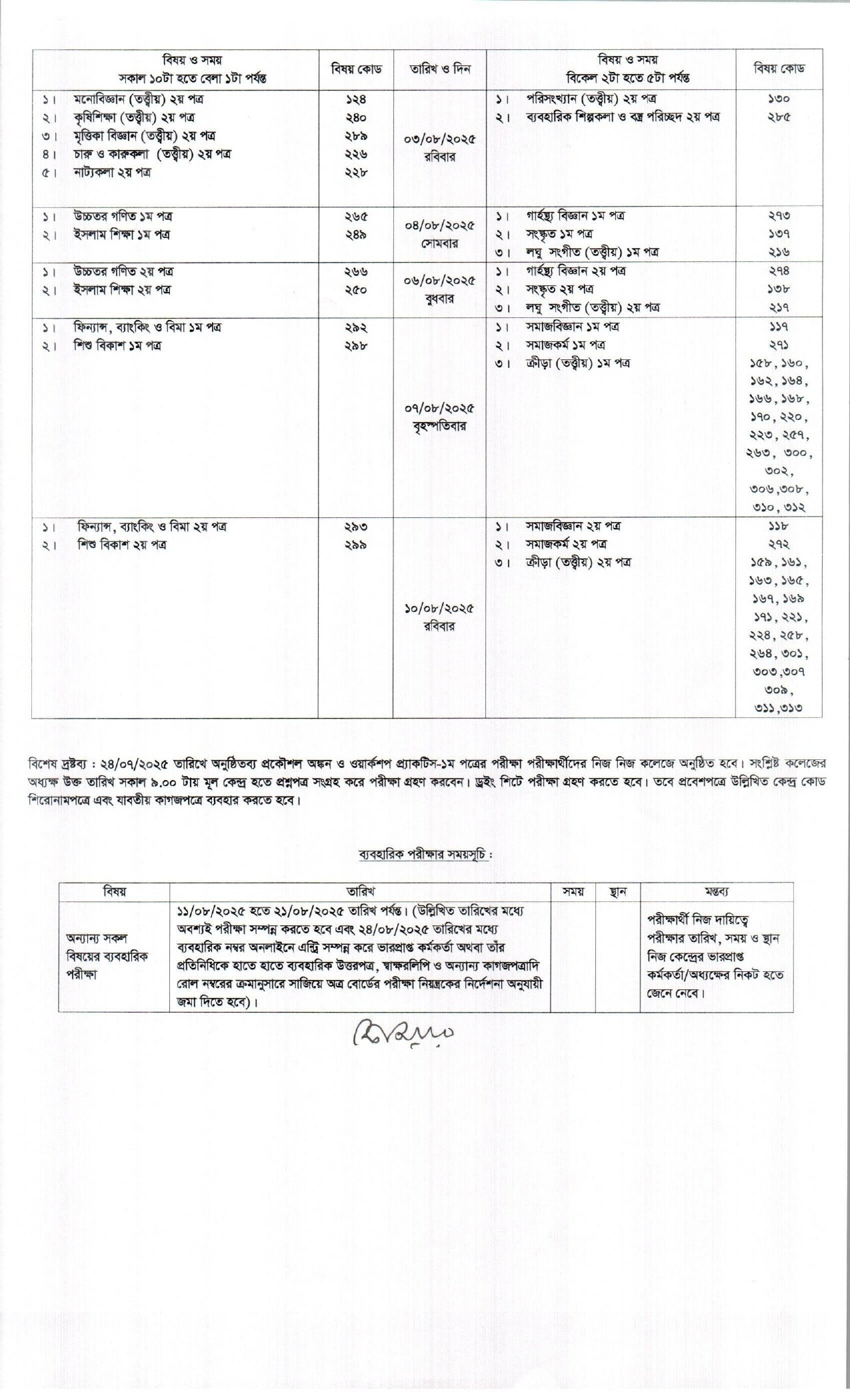 hsc exam routine 2025