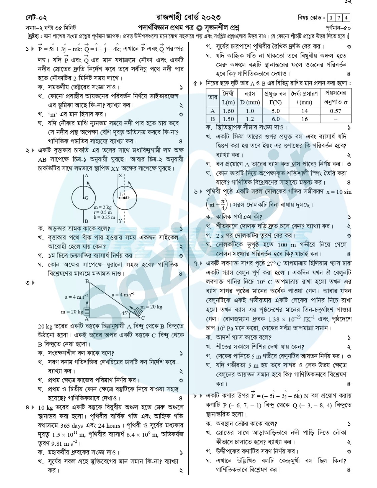 HSC Physics 1st Paper Question 2023 Rajshahi Board